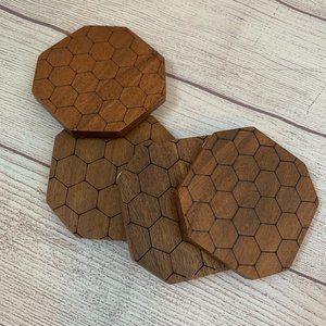 Artisan Market Bark Wood Hexagon Coasters with Honeycomb Pattern Set of 4